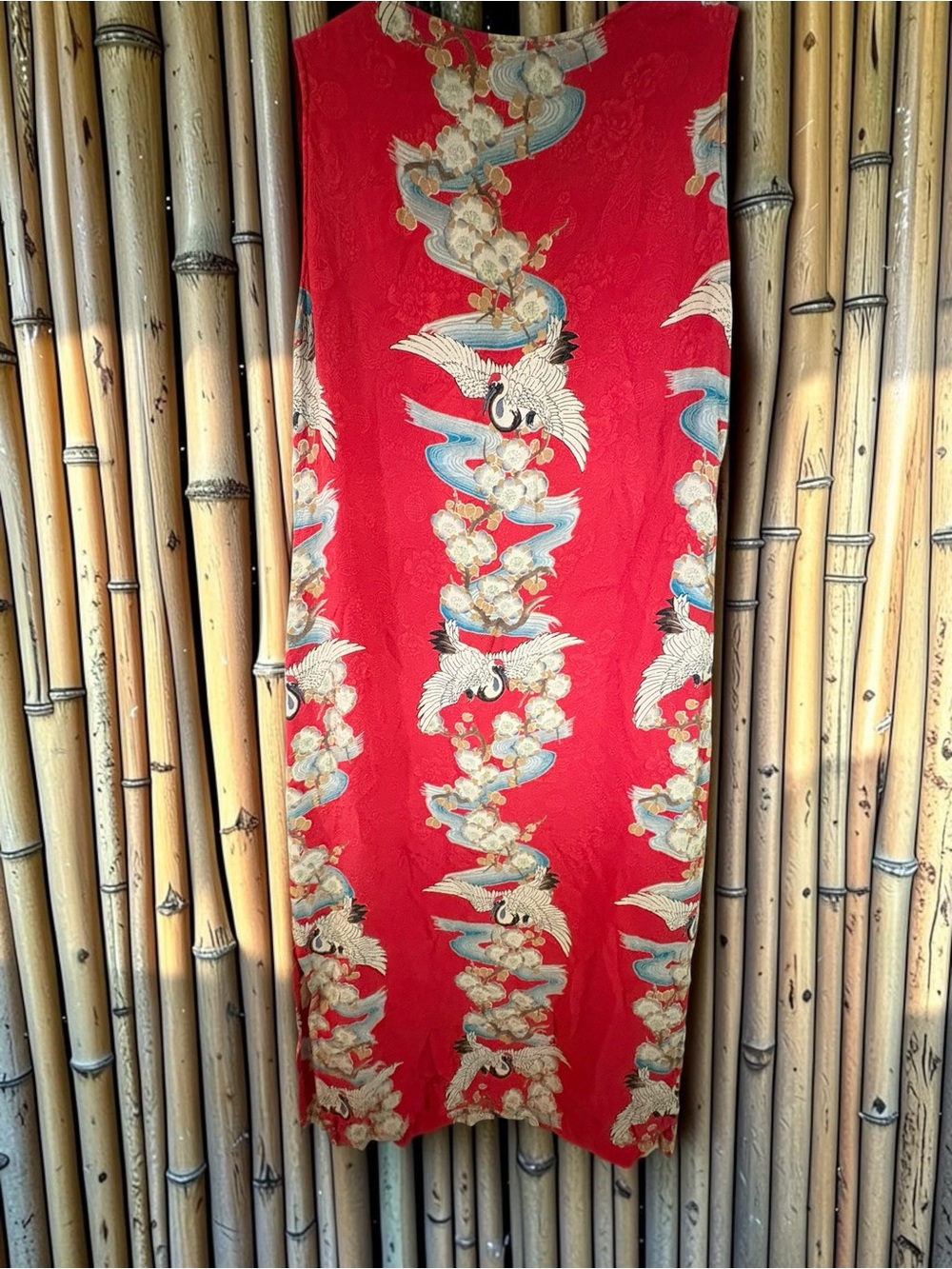 What if? Vintage 100% Silk Crane Maxi Dress Red Asian Motif size Large